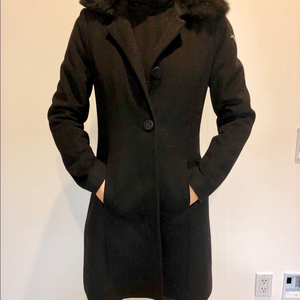 TAHARI Black Peacoat with Real Rabbit Fur Collar